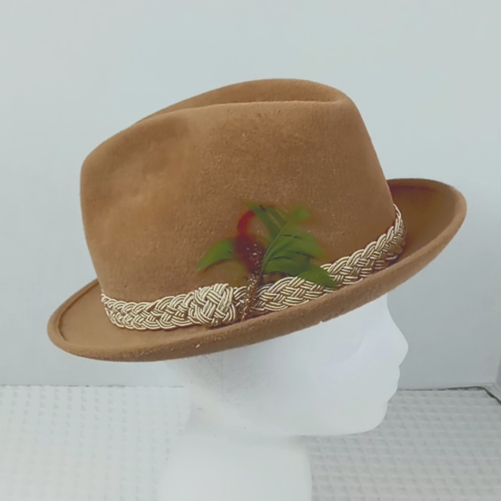 Vintage Bianchi Men's Camel Velour Fedora Size 7 Braided Band With Feathers